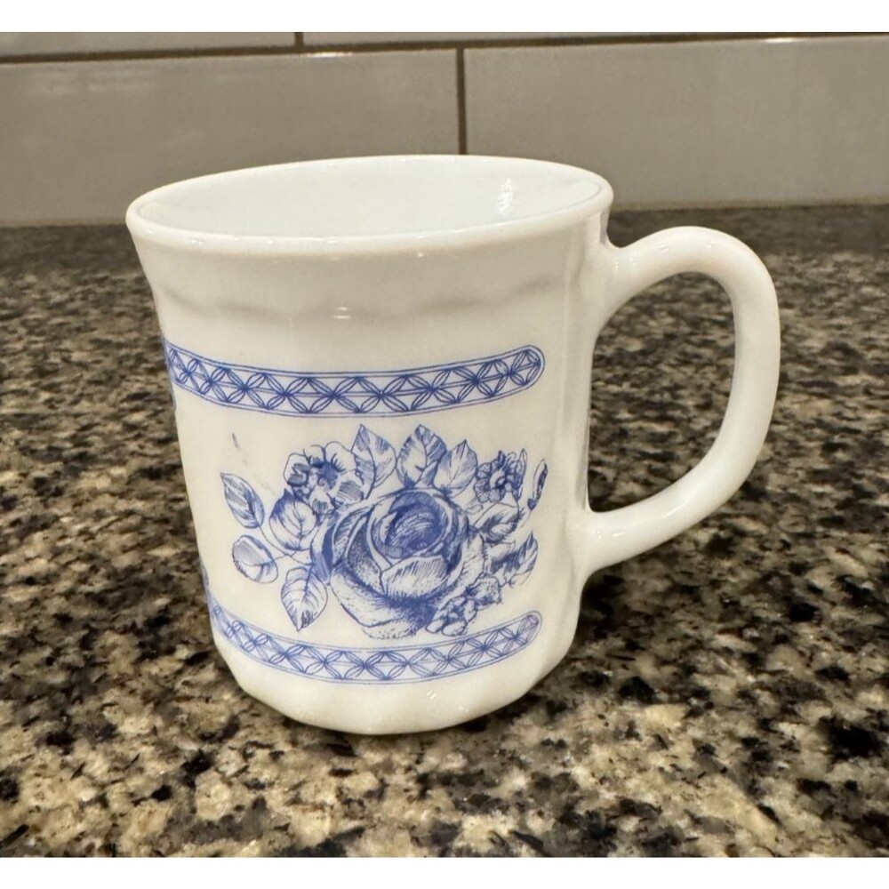 Vintage ARCOPAL France Milk Glass Mug Cup *HONORINE* Blue Floral Roses Lattice